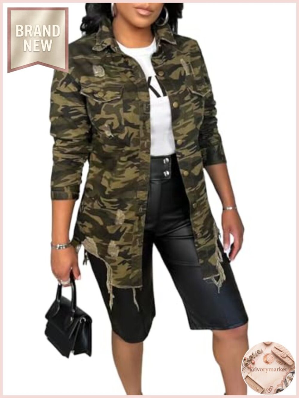 Ripped Camo Jacket for Women Casual Lightweight Military Utility Coat Plus Size